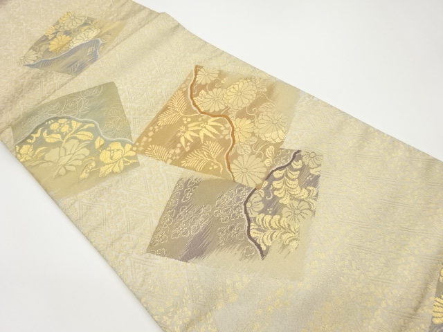 色紙に花唐草・菱模様織出し袋帯